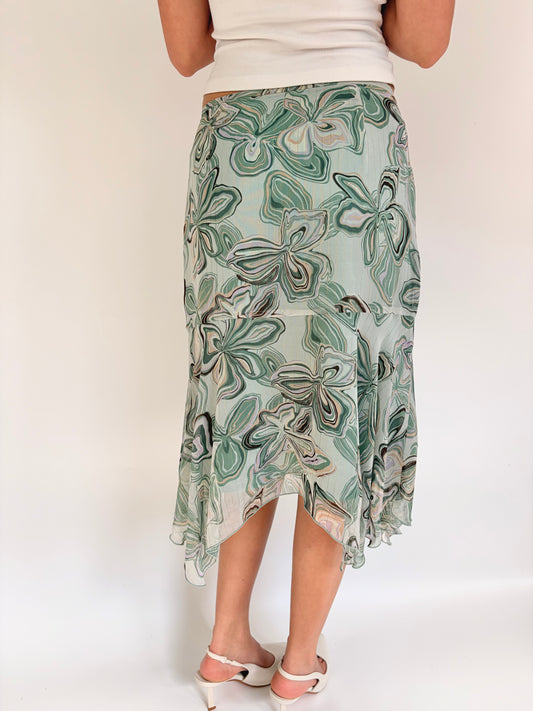 2000s floral shimmer midi skirt