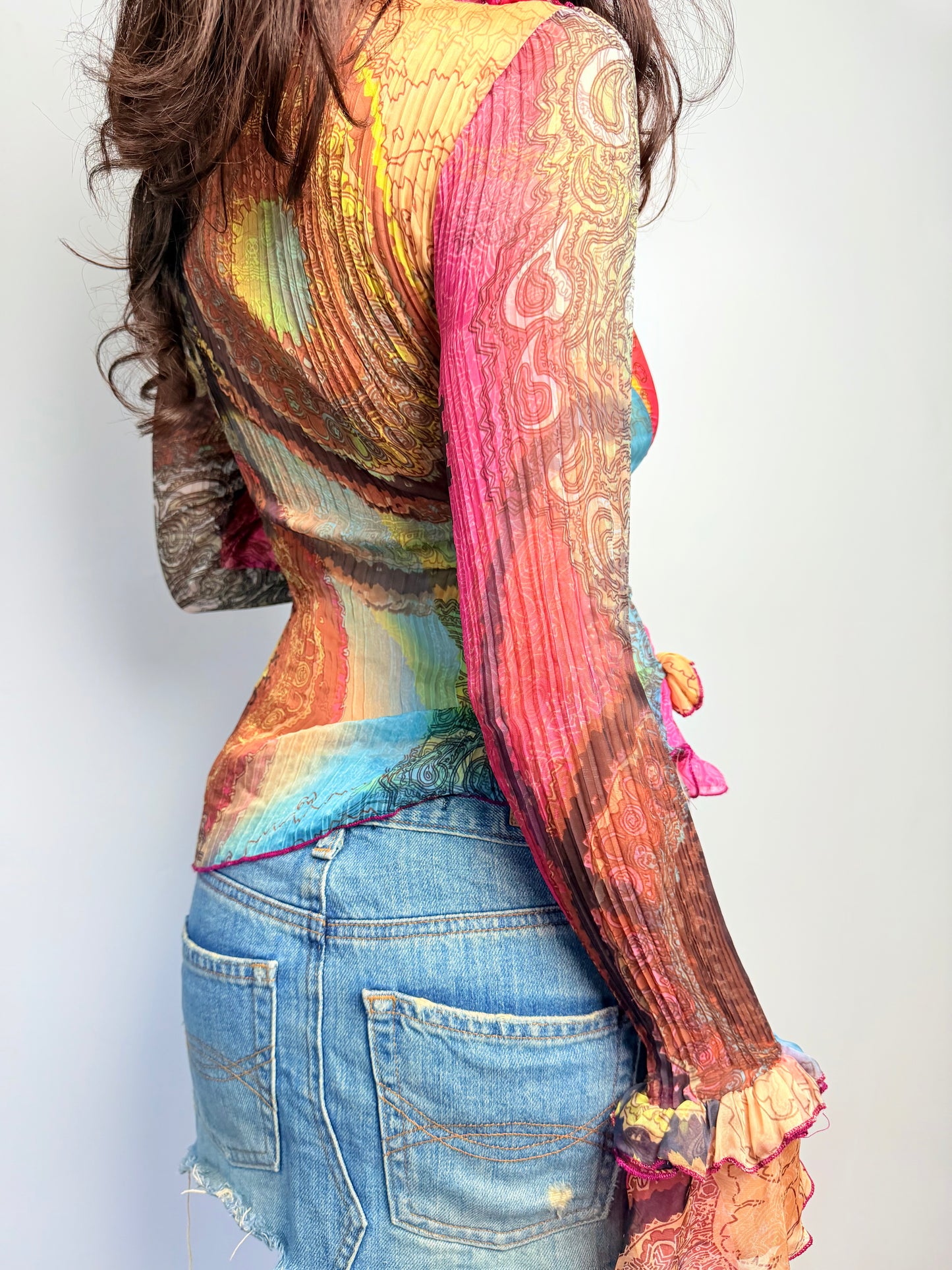 vintage multicolour tie ruffle long sleeve