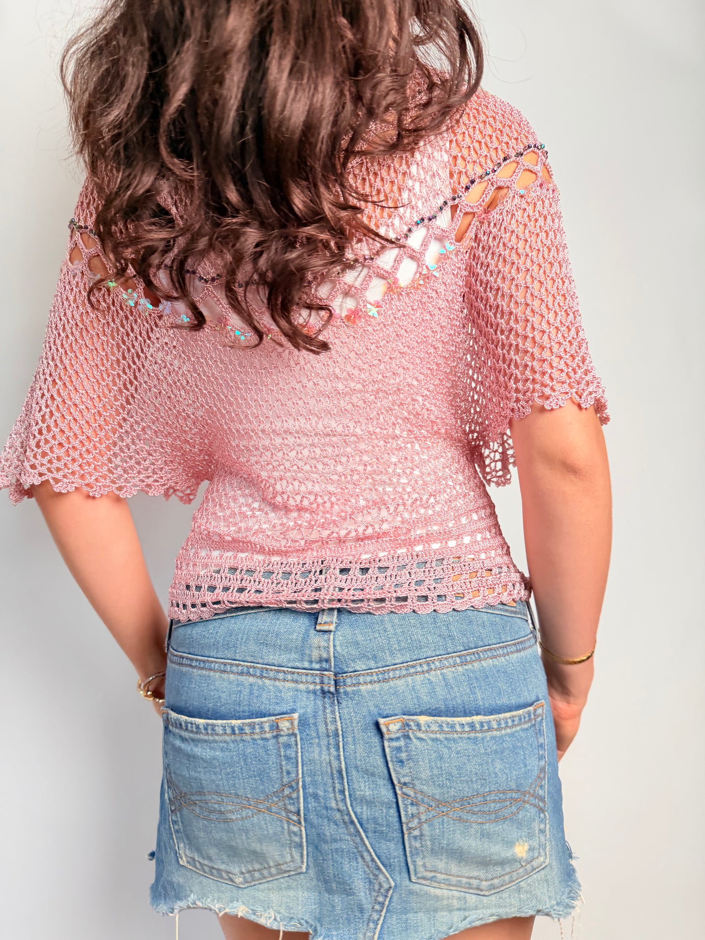 2000s crotchet flower sequin poncho top