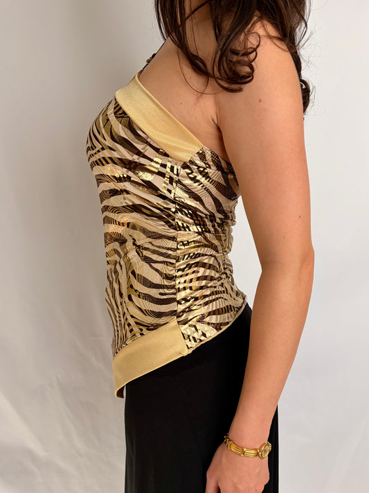 2000s shimmery gold zebra top