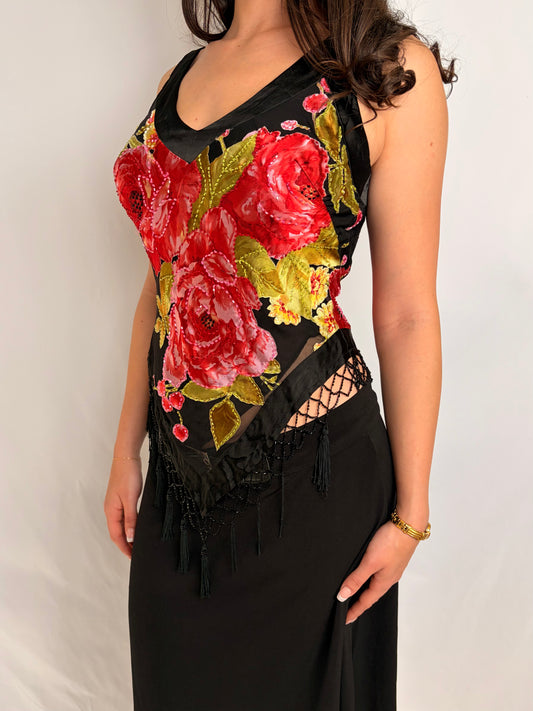 2000s floral silk cache top