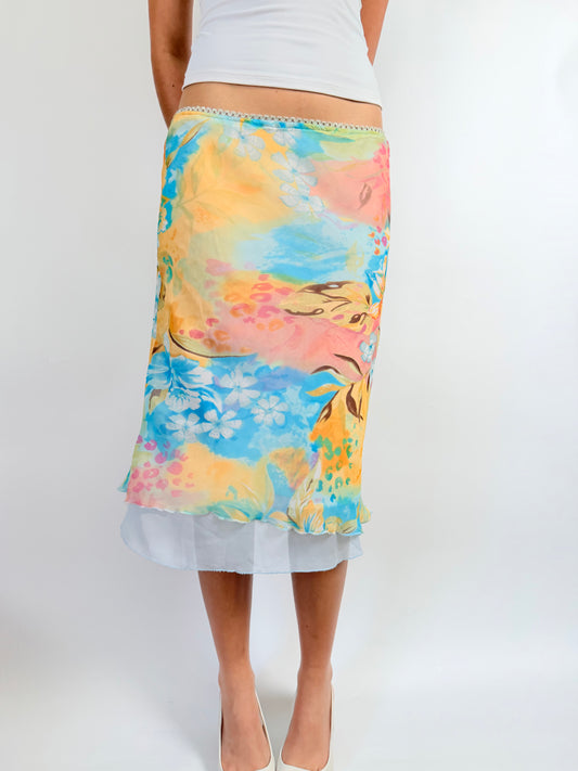 2000s pastel pattern midi skirt