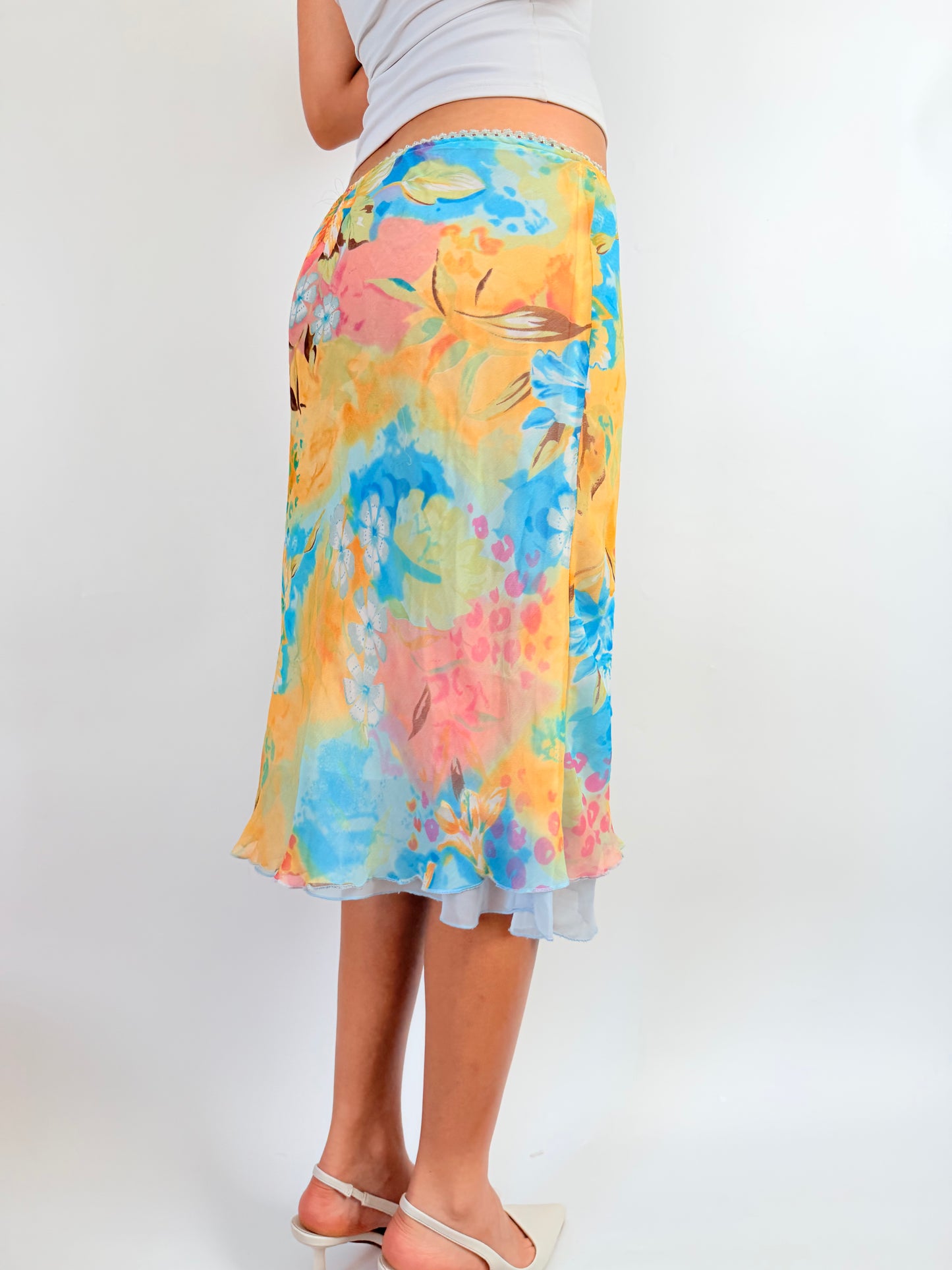 2000s pastel pattern midi skirt
