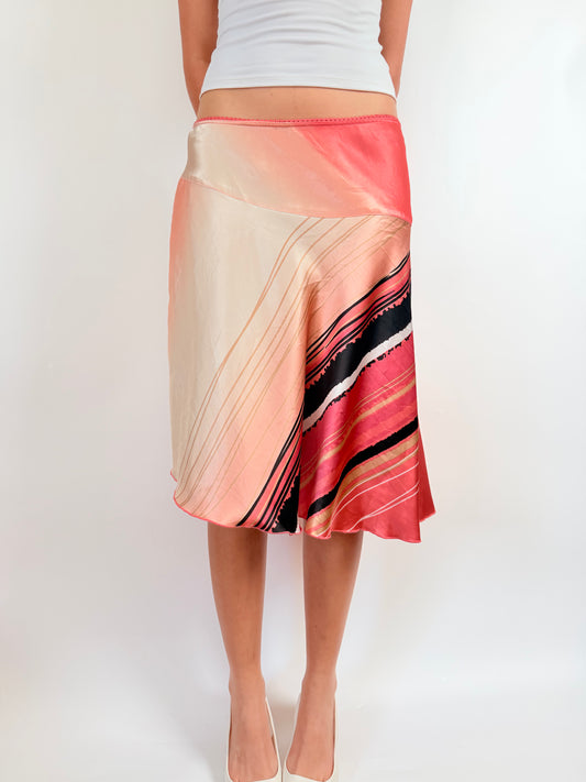 2000s coral satin midi skirt
