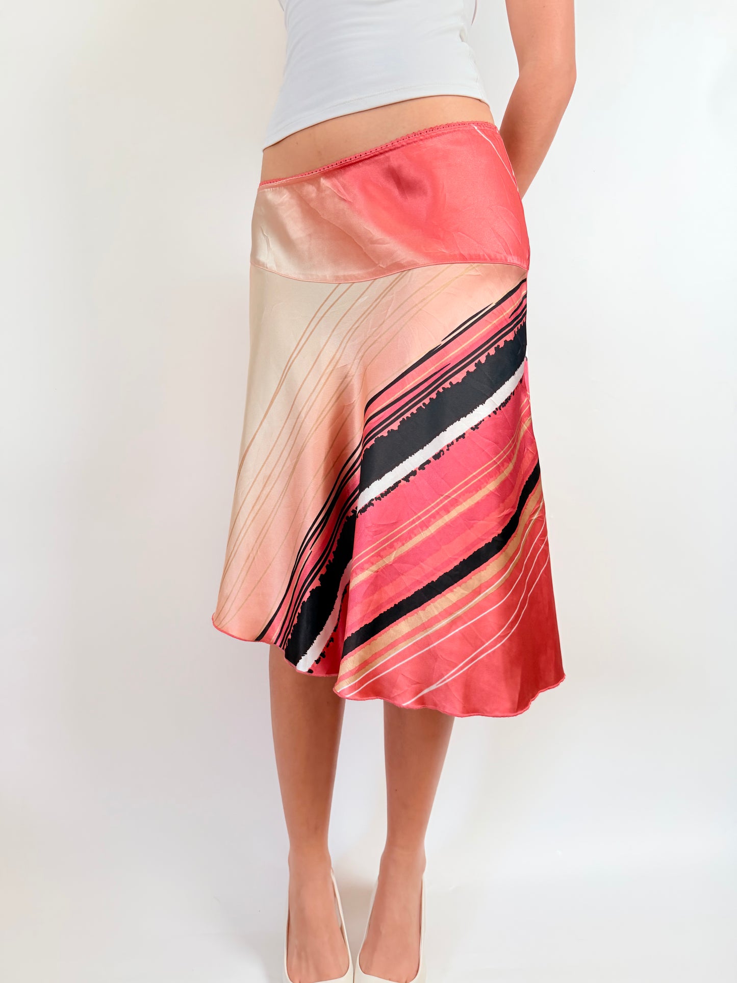 2000s coral satin midi skirt