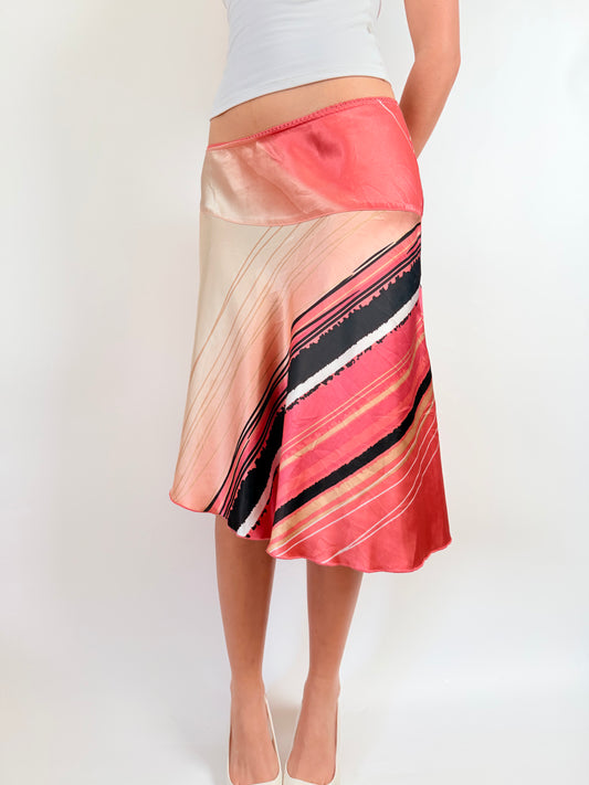 2000s coral satin midi skirt