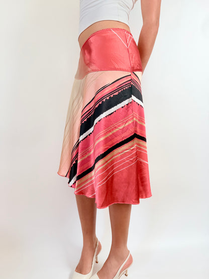 2000s coral satin midi skirt