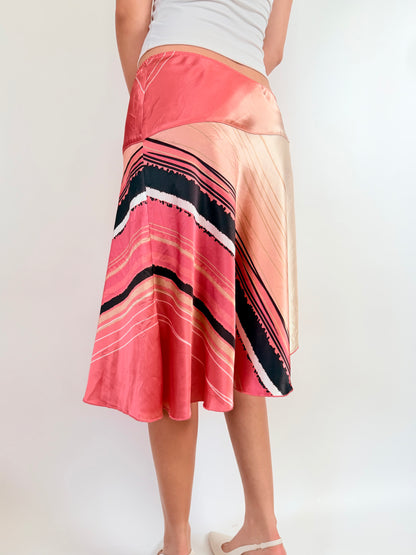 2000s coral satin midi skirt