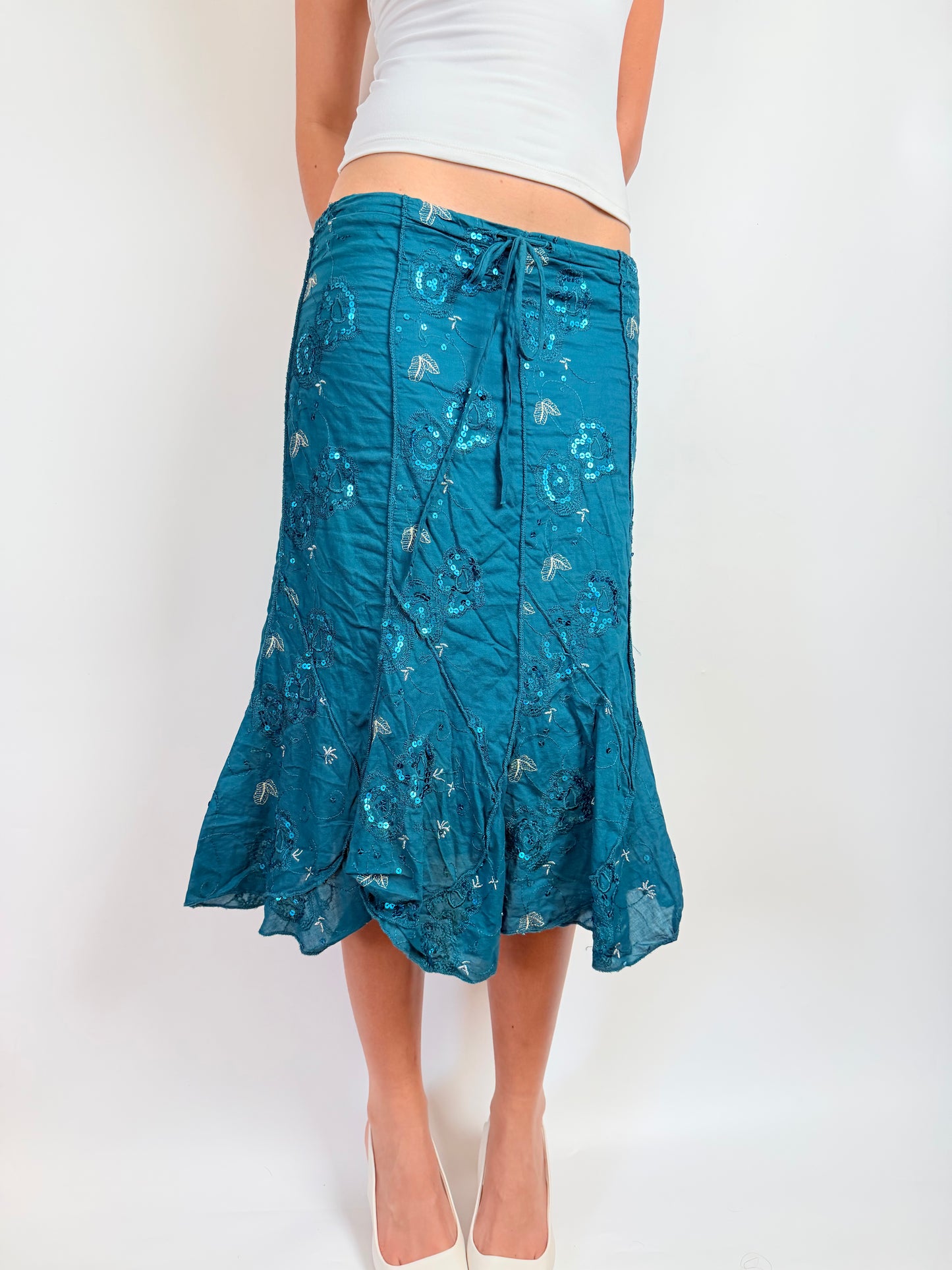 2000s teal sequin midi skirt