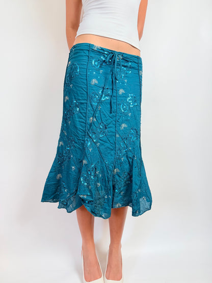 2000s teal sequin midi skirt