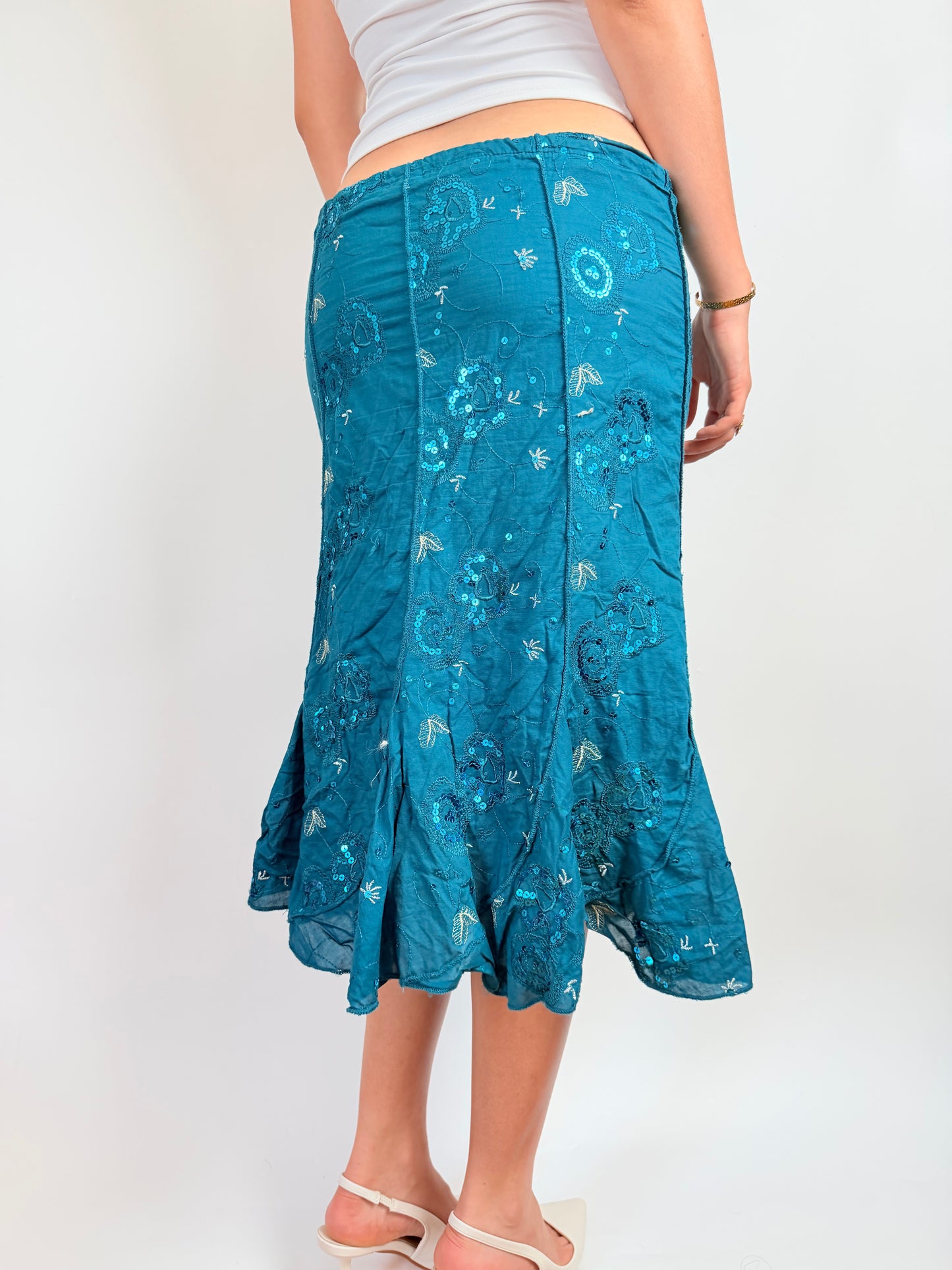 2000s teal sequin midi skirt