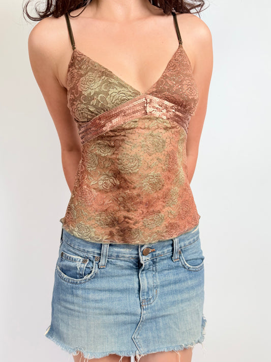 2000s glittery sequin lace cami