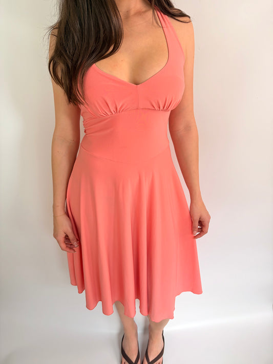 2000s coral halter midi dress