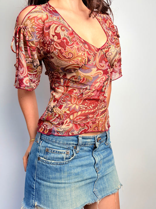 2000s sheer chiffon pattern tie top
