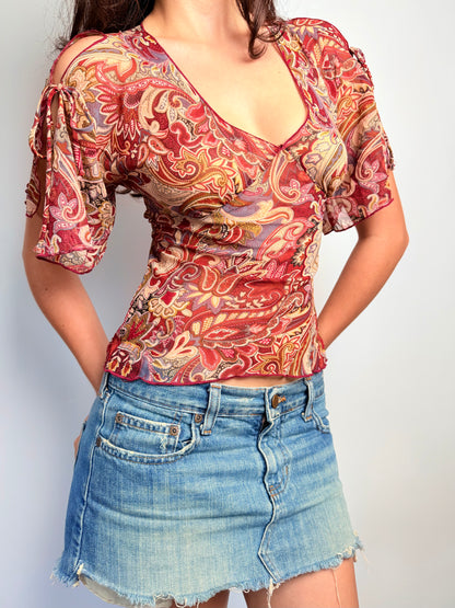 2000s sheer chiffon pattern tie top
