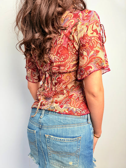 2000s sheer chiffon pattern tie top