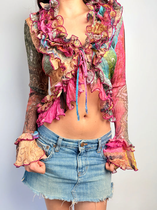 vintage multicolour tie ruffle long sleeve
