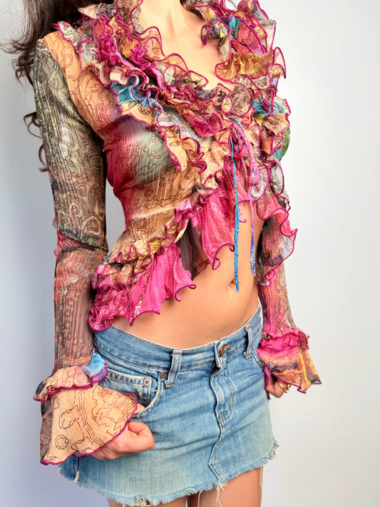 vintage multicolour tie ruffle long sleeve