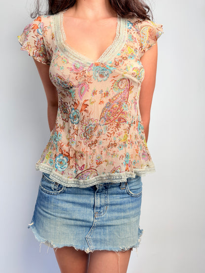 2000s silk floral babydoll top