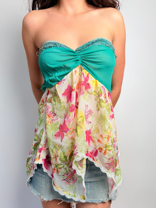 2000s floral chiffon babydoll top