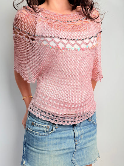 2000s crotchet flower sequin poncho top