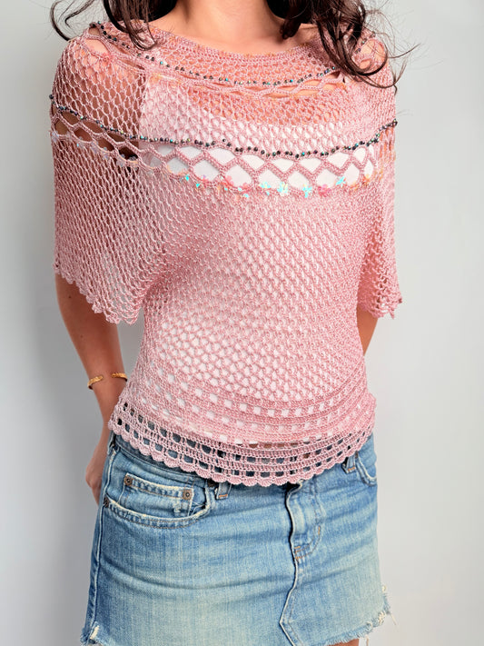 2000s crotchet flower sequin poncho top