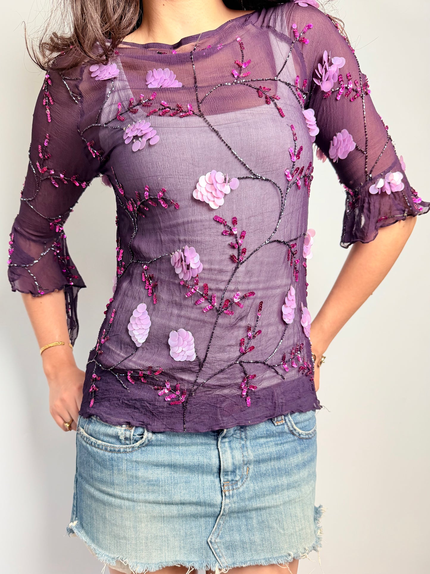 vintage 100% silk beaded 3/4 sleeve top