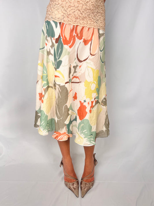 floral silk midi skirt