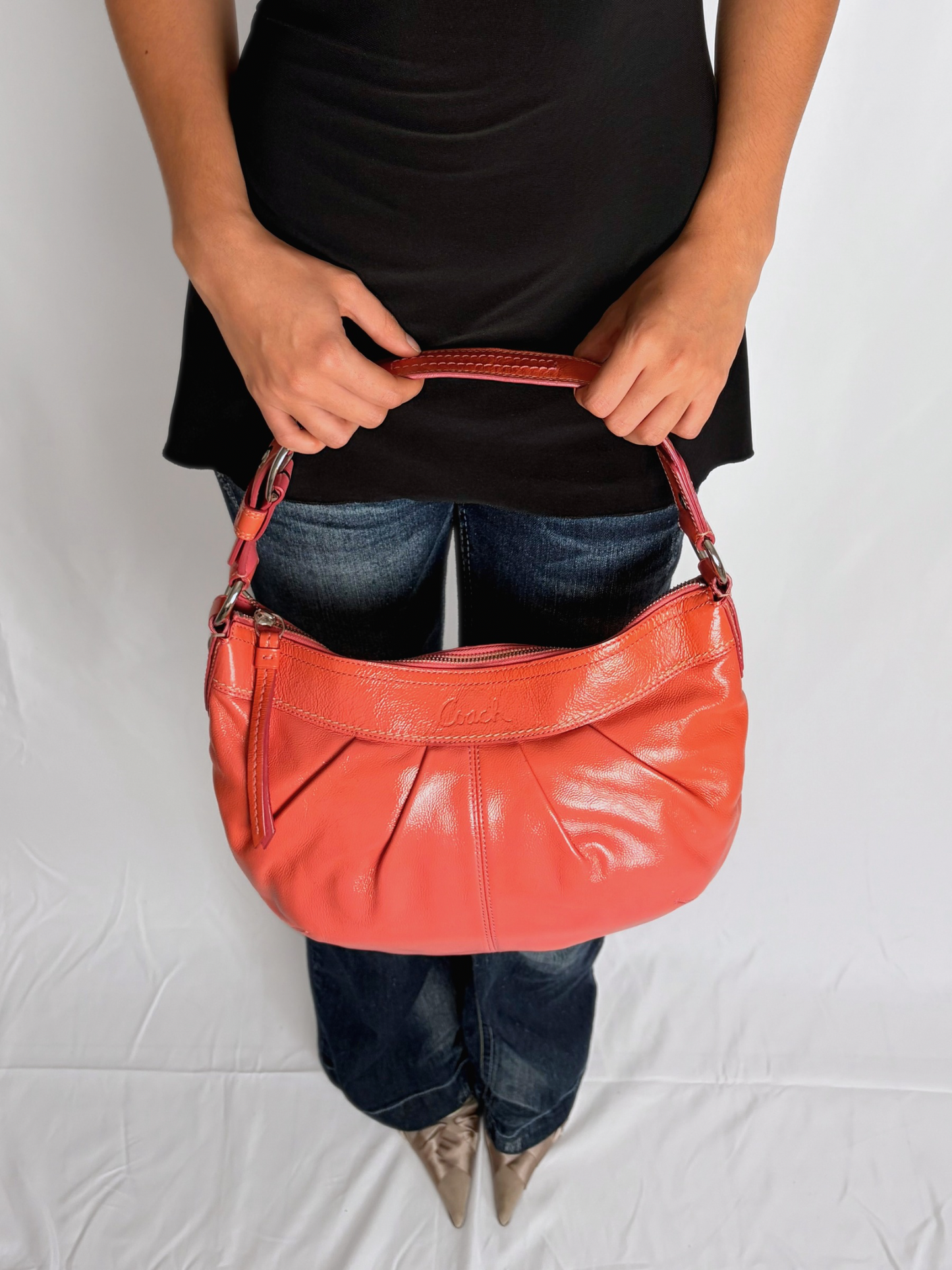 COACH coral pleated leather hobo handbag